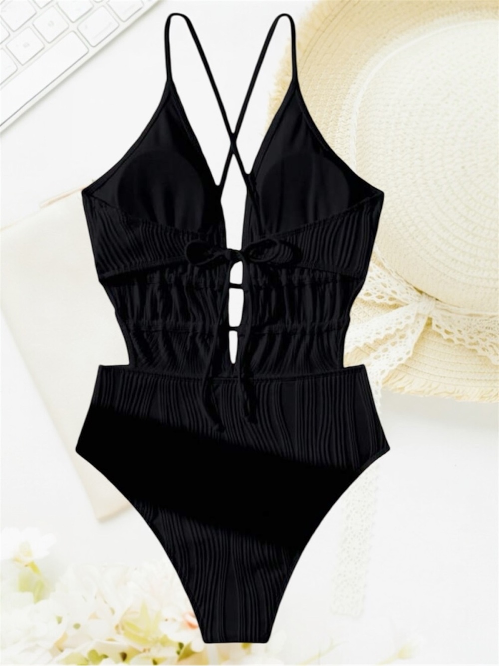 🌙✨NWOT SHEIN Women’s Black Textured One-Piece Swimsuit with Strappy Back - Picture 4 of 9
